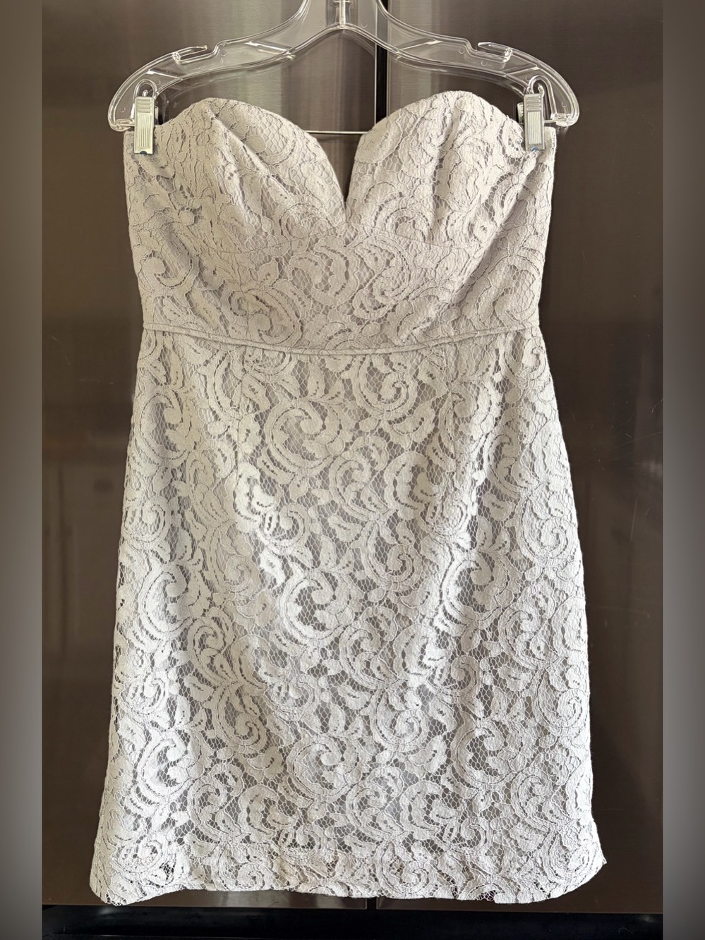 J Crew Strapless Preppy Romantic Lace Column/Sheath Dress Dove Gray EUC Sz 10